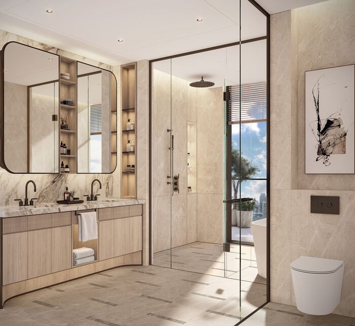 Double Vanity, Marble Wet Room — design inspiration, not a Crownstone project photo