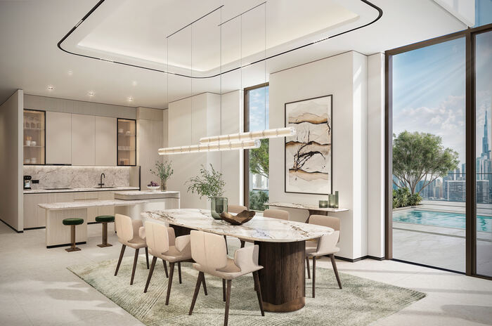 Marble Dining Table, Burj Khalifa Views — design inspiration, not a Crownstone project photo