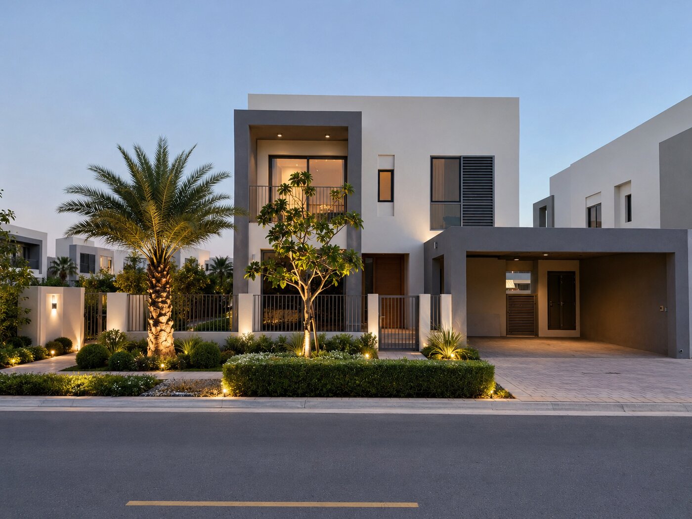 Dubai Hills Estate villa front exterior after landscaping — mature palm, structured planting and uplighting