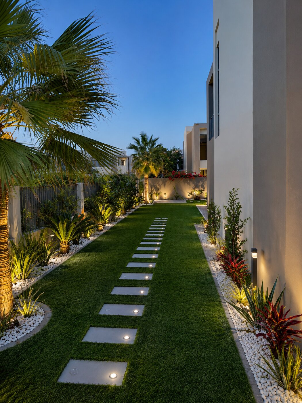 Dubai Hills Estate villa side garden after landscaping — lit stepping-stone path through turf and planting